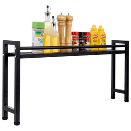 MyGift 33 Inch Wide Over The Stove Top Spice Shelf, Industrial Black Metal Stovetop Range Display Rack, Space Saving Kitchen Counter Storage Organizer Stand