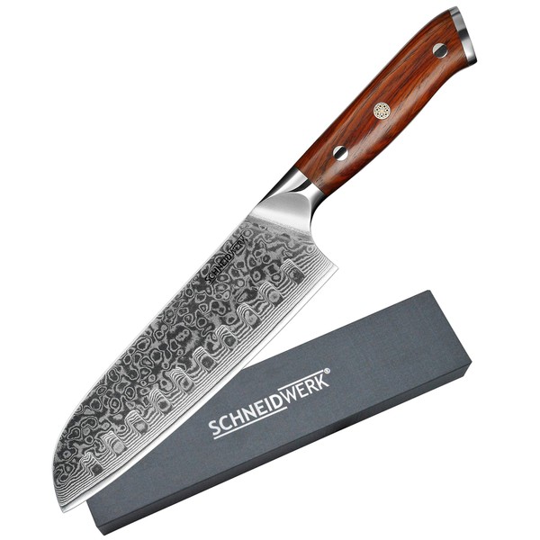 SCHNEIDWERK Santoku Knife Damascus Kitchen Knife 17.6 cm Blade Length 67 Layers Stainless Steel Damask Chef's Knife Damascus Steel Very Sharp Damascus Steel Rustproof DI Series.