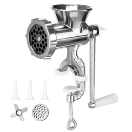 Manual Meat Grinder,304 Stainless Steel Hand Meat Grinder for Home Use, Food Grinder Manual Mincer Hand Crank with 3 Sausage Funnels, Hand Operated Kitchen Tool for Pork, Chili, and Sausage, Silver