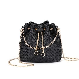 LEGVAEY Women's Leather Woven Small Bucket Bag (Fashionably Simple) (Black)