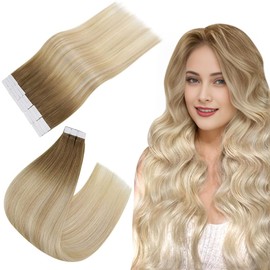 Easyouth #6/27/60 Tape-In Hair Extensions, Balayage Blonde, Real Hair, Remy, Medium Brown Mix, Honey Blonde and Platinum Blonde, 55 cm, 50 g