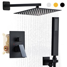 SaniteModar Black Shower Head System 10 Inch Square Rainfall Shower Head with Handheld Shower Vaval and Trim Kit Wall Mounted Shower Faucet Set, Matte Black Shower Head