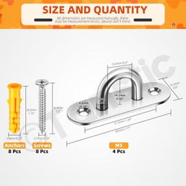 Tanstic Pack of 4 M5 1.8 Inch Stainless Steel Pad Eye Plate, Staple Ring Hook Marine Hardware Staple Hook Loop Heavy Duty Ceiling Hook with Screws Anchors for Swing Suspensions (Silver)
