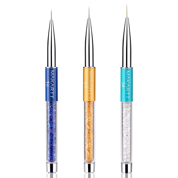 Makartt 3Pcs Nail Art Liner Brush Acrylic Nail Brush Gel Nail Painting Brush Pen Set Metal Diamond Acrylic Handle, Q-09