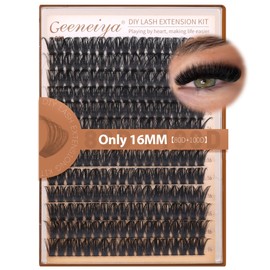 Geeneiya 16MM Volume Lash Clusters Kit DIY Lash Extension Kit D Curl Eyelash Extensions with Waterproof Lash Bond and Seal Waterproof Tweezers,Only 16MM, 80D+100D