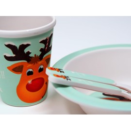 Kids Christmas Breakfast Set - Melamine 4 Pieces Bowl Cup Fork Spoon - Reindeer