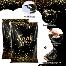 Pajean 100 Pcs Thank You Gift Bags Bulk Black and Gold Plastic Bags with Handles Black Goodie Treat Shopping Wrap for Birthday Party Favors Small Business Merchandise Graduation, 6.7" x 9.8"