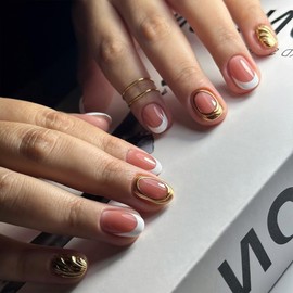 Short French Tip Press on Nails Oval Shaped Fake Nails with Nail Glue 3D Gold Embossed Designs Glossy Acrylic False Nails Full Cover Glue on Nails for Women Girls 24Pcs