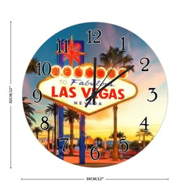 USA City Casino Las Vegas Wooden Wall Clock City in Nevada State Wall Clocks Travel Lovers Gift Wood Round Clock Battery Operated Silent Hanging Wall Clocks for Living Room 12inch