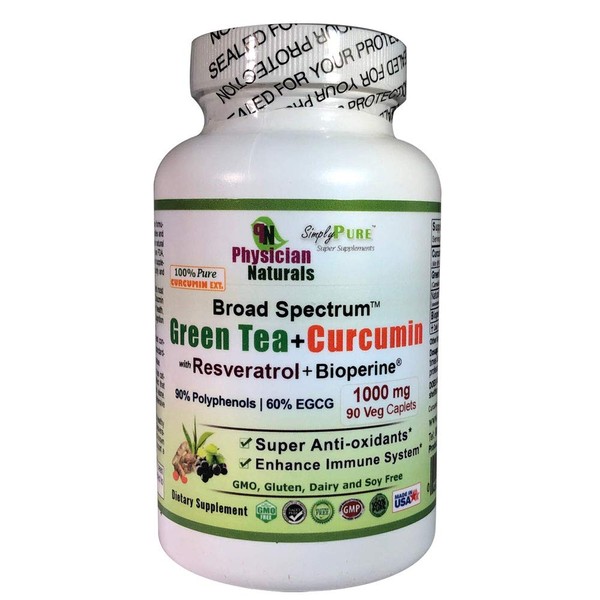 Physician Naturals Green Tea and Curcumin C3 with Resveratrol and Bioperine 1000 mg Triple Action Supports Immune Joint and Colon Health
