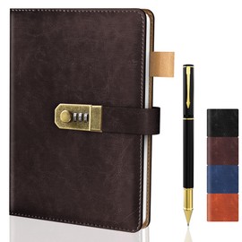 Mousbull Diary with Lock for Men and Women, A5 Vintage Leather Journal with Lock for Boy and Girl, 200 Pages Refillable Lined Password Notebook with Pen for Personal Daily Writing Travel （Dark Brown）