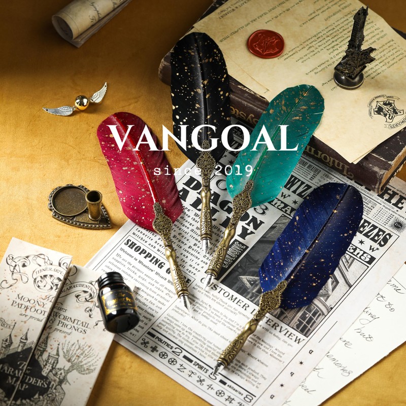 VANGOAL Retro Carving Feather Pen Set, Glittering Quill Pen Set