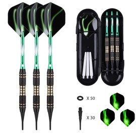 Soft tip Darts Set 18 Gram - Professional Darts Plastic Tip with Brass Barrel + Green Aluminum Shafts + 50 Rubber o-Ring + 6 Pattern Flights +30 Soft Tips for Electronic Dartboard