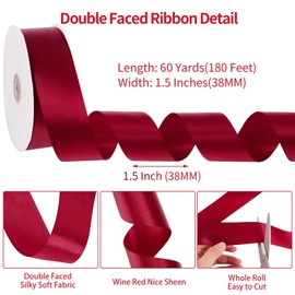 Double Faced Burgundy Ribbon, 1 1/2 inch 60 Yards Maroon Satin Ribbon Christmas Ribbon for Gift Wrapping Crafts Flower Bouquet Hair Bows Wedding Party Christmas Decorations