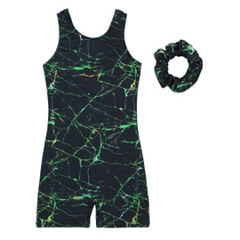 JESKIDS Leotards for Girls Gymnastics with Shorts Dance Biketards Tumbling Matching Hair Scrunchie Green Crack 6-7 Years