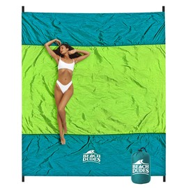 BEACH DUDES Sandproof Waterproof Beach Blanket Extra Large 108"x 84", Mat for Family, Quick Dry Ripstop Nylon Lightweight, Compact for Travel, Picnic, Camping w/ 4 Anchor Stakes and Carry Bag