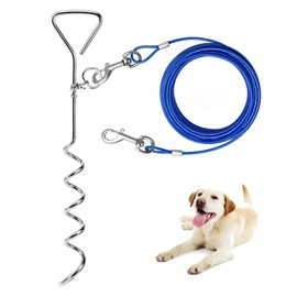 Dog Tie Out Cable and Stake, Outside Dog Leash&Chain for Camping and Yard, 16'' Heavy Duty Anti Rust Spiral Stake for Medium-Large Dogs Up to 125 lbs (Blue, 125lbs 40FT)