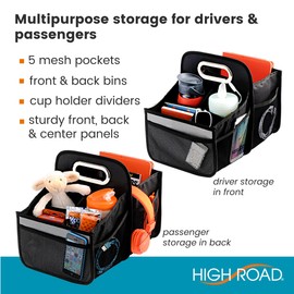 High Road Car Caddy with Cup Holders - Front Seat Organizer for Drivers or Back Seat Organizer for Kids - Portable Car Organizer with Easy One-Handed Carry Handle