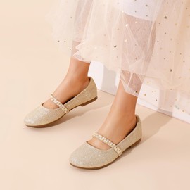 DREAM PAIRS Girls' Mary Jane Strap Flat Shoes, Ballerinas, Princess Shoes, Flat School Shoes, Gold Glitter, 32 EU