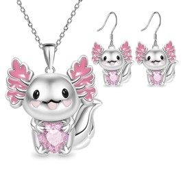 Axolotl Necklace and Earrings,Pink Crystal Axolotl Pendant Necklace Kawaii Fashion Gifts for Women Graduation Birthday Party Christmas Thanksgiving Day