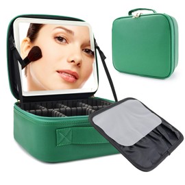 SLUMAZI Travel Makeup Bag with LED Mirror Travel Makeup Organizer with 3 Lighted Settings, Adjustable Dividers and Makeup Brush Storage Bag Dark Green