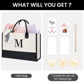 BAGAIL Initial Canvas Tote Bag, Monogrammed Christmas Gifts for Women, Beach Bag for Friends, Teachers, Wedding, Birthday(Letter M)