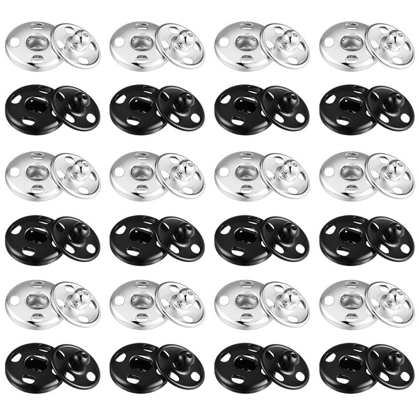 24 Sets Sew On Press Studs Metal Snap Fasteners Black Silver Press Studs for Purse Handbag Clothing Sewing Craft DIY Delivery (15mm)