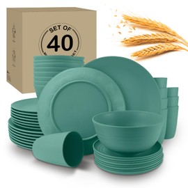 Wrova 40Pack plates and bowls sets for kids - Unbreakable wheat straw dinnerware sets service for 8 - Alternative plastic 40pcs dish sets for kitchen, camping and indoors dinning - (Green)