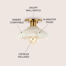 JONATHAN Y JYL1207A Amara 10" 1-Light Mid-Century Classic Alabaster/Iron LED Semi Flush Mount, for Bedroom, Living Room, Kitchen, Office, White/Brass Gold