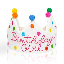 Hand Embroidered Baby Birthday Girl Crown Hat - 100% Natural Fiber Linen, Reusable Confetti Dots Party Hat, Girl First Birthday Crown With Wool Felt Balls for Girls Kids Celebration Party Decor