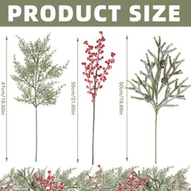 Glitinsel 20 Pcs Christmas Artificial Faux Branches Include 18.5" Cedar Greenery Branches 21" Frost Red Berries Branches 13.8" Frosted Cypress Pine Stem with Pine Cone for Holiday Winter Wedding Decor
