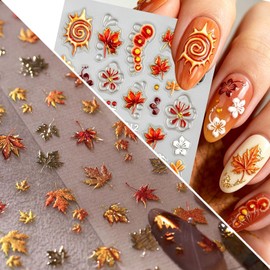 2 Sheet Nail Stickers for Nail Art 3D Maple Sun Flower Nail Art Stickers Fall Nail Decals Orange Red Nail Design Stickers Autumn Nail Stickers for Women