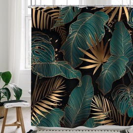 Cinbloo Black and Gold Shower Curtain 60Wx72H Tropical Shower Curtain Abstract Emerald Green Palm Leaves Hawaiian Monstera Bathroom Curtain Modern Botanical Brown Plant Bathroom Decor Fabric 12 Hooks