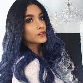 Kalisa Ombre Blue Synthetic Lace Front Wig Long Body Wave Black to Blue Mix White Lace Front Wig Side Part Heat Resistant Fiber Daily Makeup Wig for Women 24 Inch, Ombre Blue Mix White