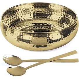 Copper Salad Bowl and Serving Utensils - Hammered Detailing - Stainless Steel Mixing Bowls with Lids- Luxurious Serving Bowls (12" Rose Gold Hammered Salad Bowl)