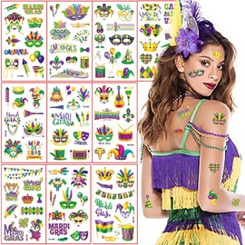 10 Sheets 100 Pieces Mardi Gras Temporary Tattoos Stickers Adults, New Orleans Mardi Gras Accessories Fake Tattoos Crown Mask Design for Masquerade Themed Makeup Party Favors Decoration