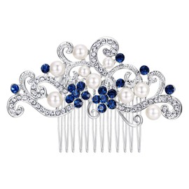 EVER FAITH Crema de cristal austriaco en tono plateado Perla simulada Floral Vine Peine lateral para el cabello de novia Azul                         