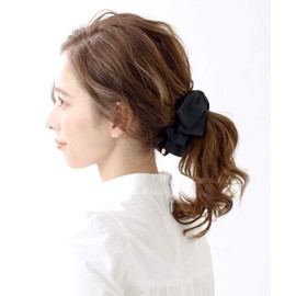 VINGTAINE H-964-BK Ruffled Ribbon, Top Ribbon, Banana Clip (Basic), Satin-style, Hair Clip, Hair Accessories, Black