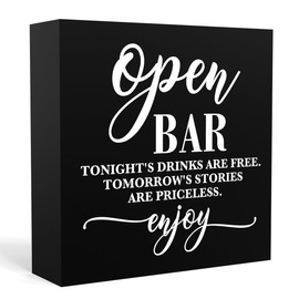 Funny Open Bar Sign Black Wooden Box Sign Engagement Wedding Party Desk Decor, Wedding Accessories Wedding Decorations for Reception Wedding Day Decorative Wood Block Plaque for Table Centerpiece
