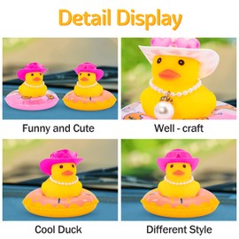 wonuu Car Dashboard Decorations Pink Cowboy Duck, Rubber Ducks for Car Ornament Accessories with Color Sunglasses Cowboy Hat Pearl and Swim Ring, AX_Pink Cowboy Hat_Preal B_Duck