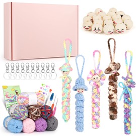Coopay Crochet Set for Worry Worms with 4 Colourful Crochet Yarn and 4 Colour Gradient Crochet Yarn, Lucky Worms Crochet Set with 50 Pieces Wooden Balls with Face, Instructions, Crochet Hook, Lucky