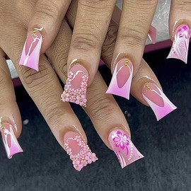 24Pcs French Press on Nails Short Duck Fake Nails Nude Nails Press ons with Pink Flower Gold Pearls Designs Glossy False Nails Full Cover Acrylic Nails Cute Glue on Nails for Women