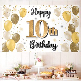 LASKYER Happy 10th Birthday Large Banner - Cheers to Ten Years Old Children Birthday Home Wall Photoprop Backdrop,10th Birthday Party Decorations.