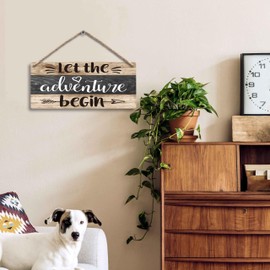 FUGWN Let the Adventure Begin Hanging Wooden Signs 12x6, Rustic Cabin Camper Home RV Wall Decor, Camping Lovers Home Decor Gifts for Camper Women Men