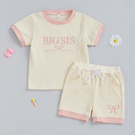 Big Sis Little Sis Matching Outfits Toddler Baby Girl Bow Embroidery Shirt Shorts Infant Summer Clothes (A Apricot Big Sis, 3-4T)