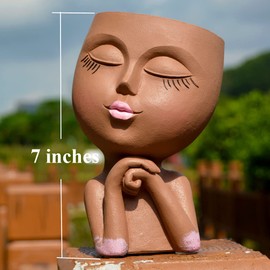 LovTocTic Face Flower Pot Head Planter, Girl Heads Flowerpot, Lady Faces Plant Pot, Female Bust Statue Succulent Pots with Drainage Hole for Indoor Outdoor Plants, Modern Human Art Vase(7" Brown)