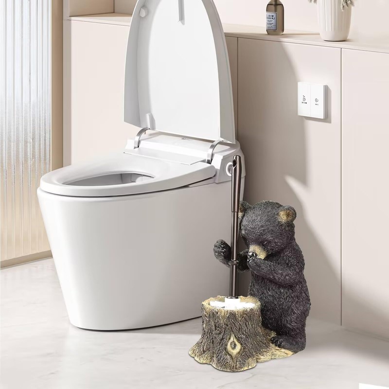 Black Bear Toilet Brush Holder - Resin Cub Covering Nose,