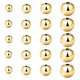 200 piezas Mezcla de cuentas de 14K bañadas en oro, cuentas lisas pequeñas y redondas, cuentas espaciadoras de latón, duraderas, resistentes al deslustre, cuentas sueltas sin uniones para hacer
