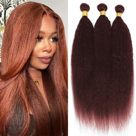 Reddish Brown Bundles Color 33 Human Hair Kinky Straight Bundles Copper Red Brown Yaki Straight Bundles 18 18 18 Inch Double Weft Brazilian Remy Hair Bundles Silky and Soft for Black Women