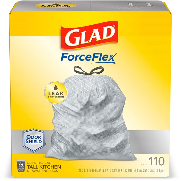 Glad ForceFlex Tall Kitchen Drawstring Trash Bags 13 Gallon Grey Trash Bag, Unscented 110 Count (Package May Vary)